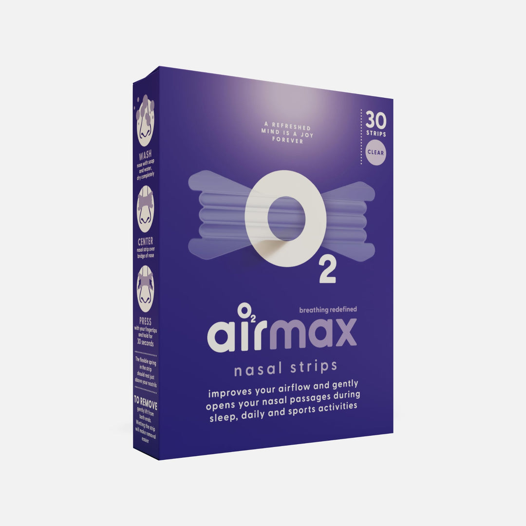 Airmax nasal strips clear 30-pack box showing product design and usage instructions