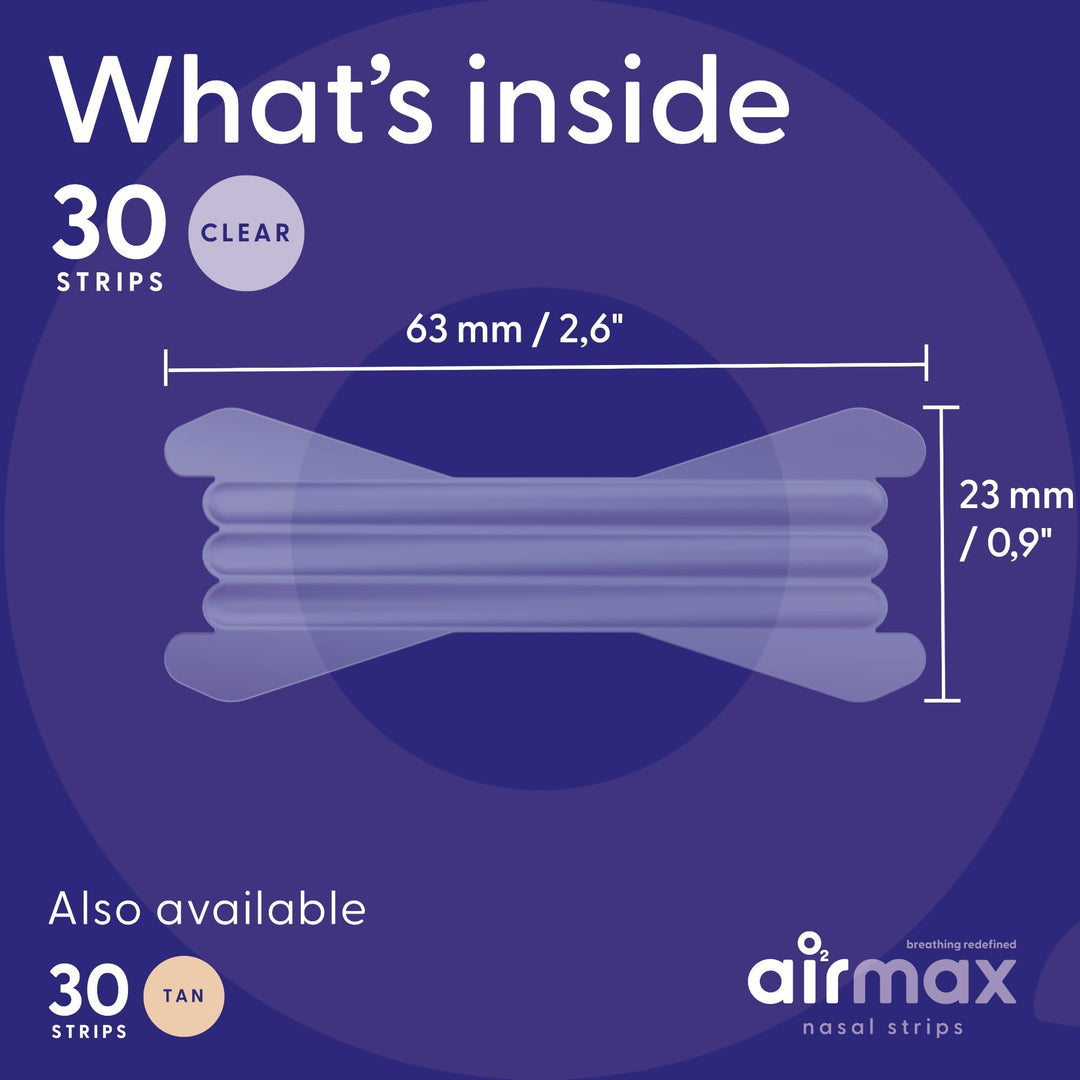 Airmax nasal strips clear 30-pack showing strip dimensions 63 mm by 23 mm, also available in tan version