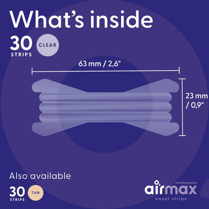 Airmax nasal strips clear 30-pack showing strip dimensions 63 mm by 23 mm, also available in tan version