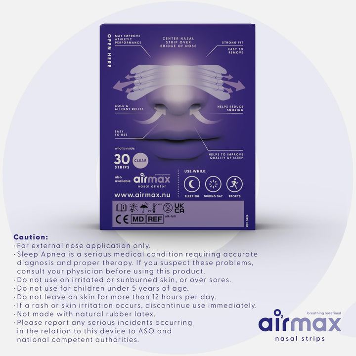 Back of Airmax nasal strips clear box showing benefits, usage instructions, and safety cautions
