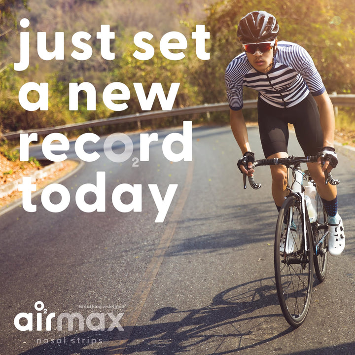 Cyclist wearing Airmax nasal strip with text “Just set a new record today” for athletic performance boost