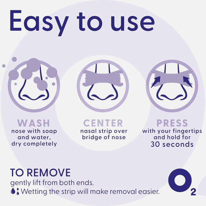 Airmax nasal strip application guide showing wash, center, press steps and removal tips
