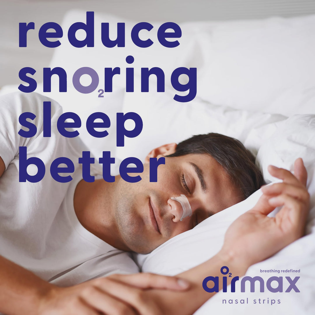 Man sleeping with Airmax nasal strip clear, promoting snoring relief and better sleep quality