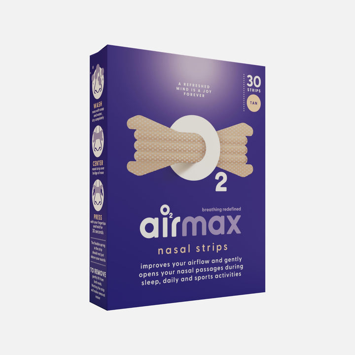 Airmax nasal strips tan 30-pack box showing product design and usage instructions