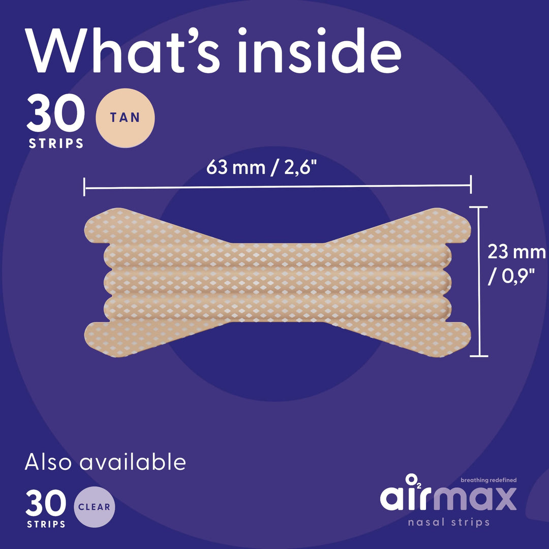 Airmax nasal strips tan 30-pack showing strip dimensions 63 mm by 23 mm, also available in clear version