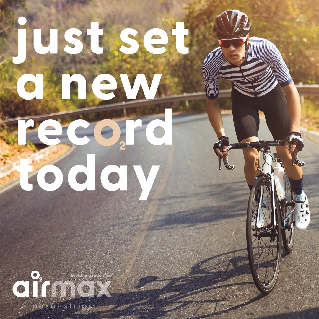 Cyclist wearing Airmax nasal strip with text “Just set a new record today” for athletic performance boost