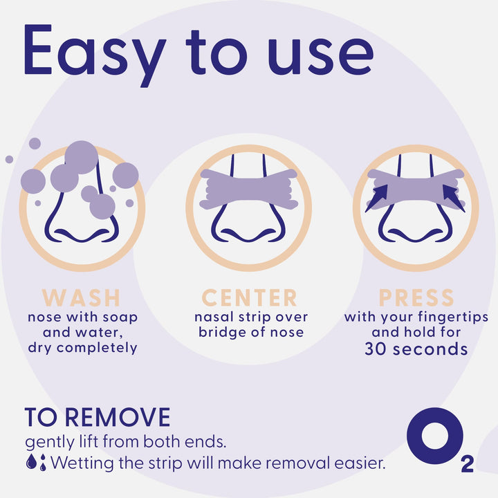 Airmax nasal strip application guide showing wash, center, press steps and removal tips
