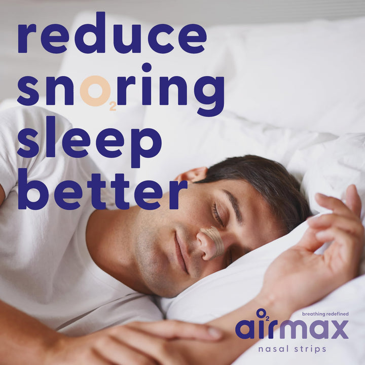 Man sleeping with Airmax nasal strip tan, promoting snoring relief and better sleep quality
