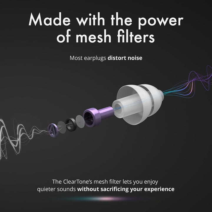 Alpine ClearTone earplug exploded view showing the purple mesh filter and internal filter components
