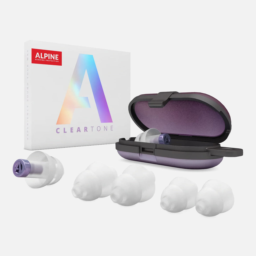 Alpine ClearTone Mica earplugs with purple filters, S/M/L earplug sizes, carrying case and retail packaging