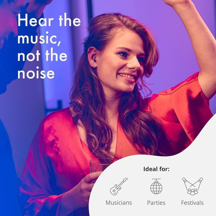 Alpine ClearTone earplugs worn at a party, with use icons for musicians, parties and festivals