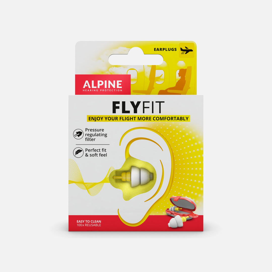 Alpine FlyFit earplugs front packaging showing pressure-regulating filter, perfect fit design, and reusable travel-friendly features