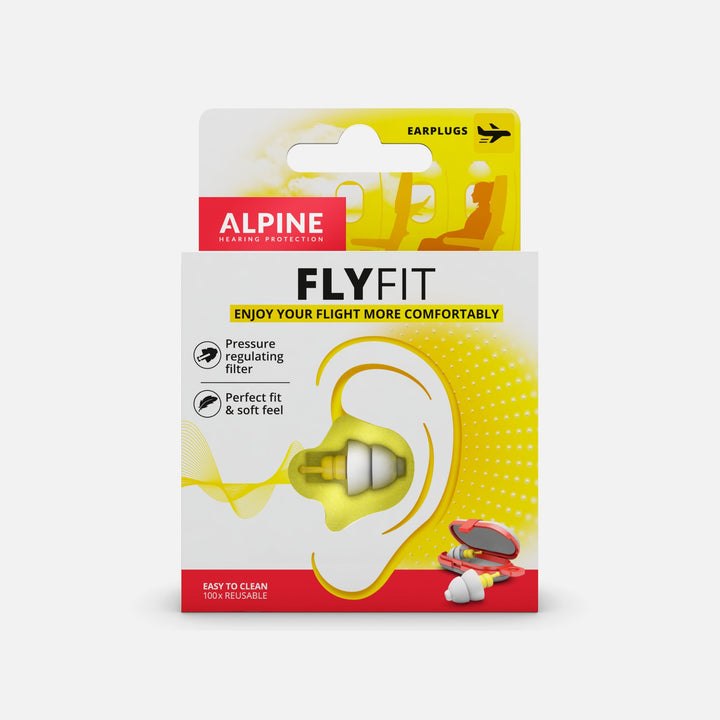 Alpine FlyFit earplugs front packaging showing pressure-regulating filter, perfect fit design, and reusable travel-friendly features
