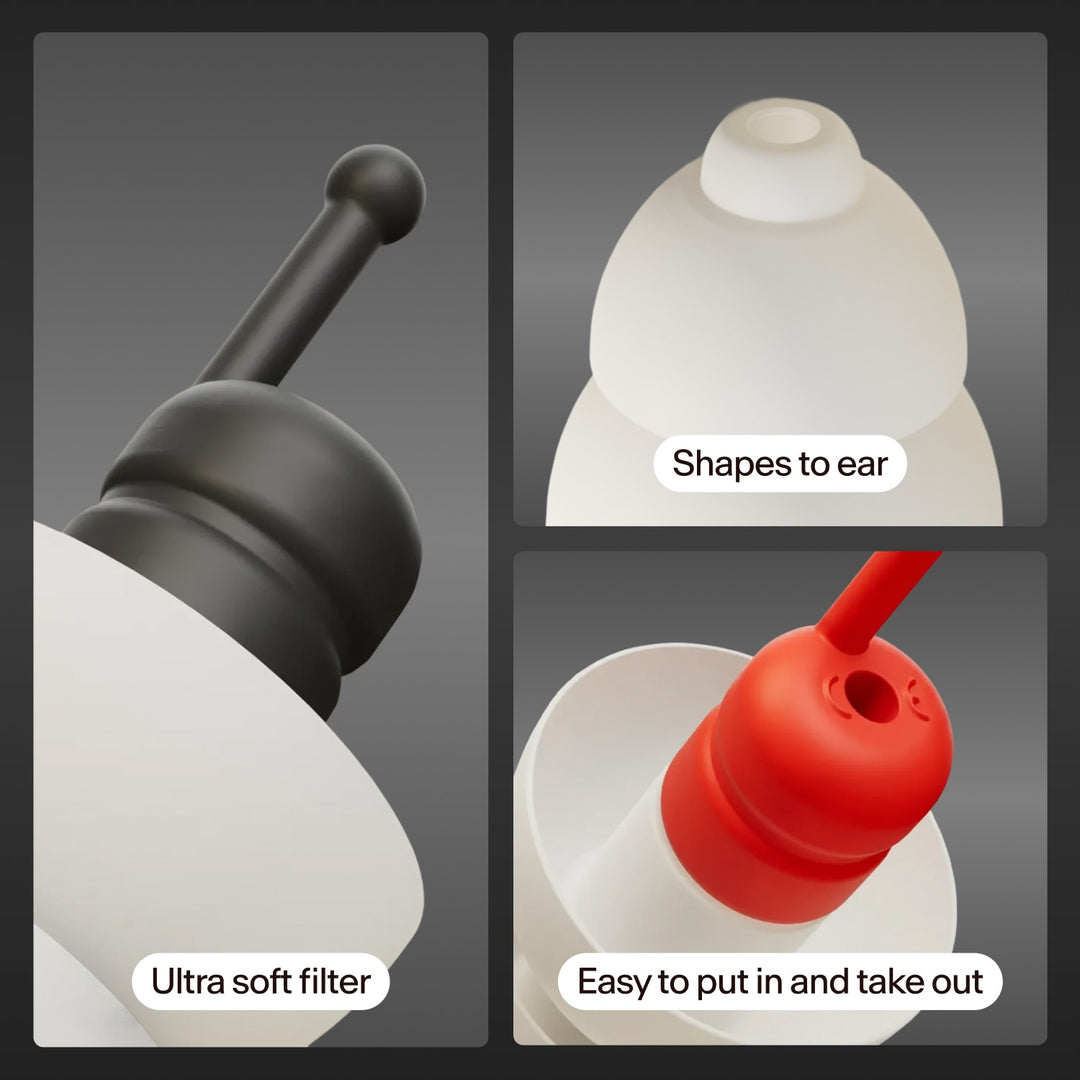 White motorcycle earplugs with red and black filters in close-up, showing soft filter and easy handling