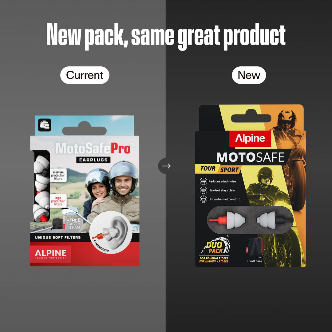Alpine MotoSafe Duo packaging update infographic showing current and new Tour Sport earplug packs