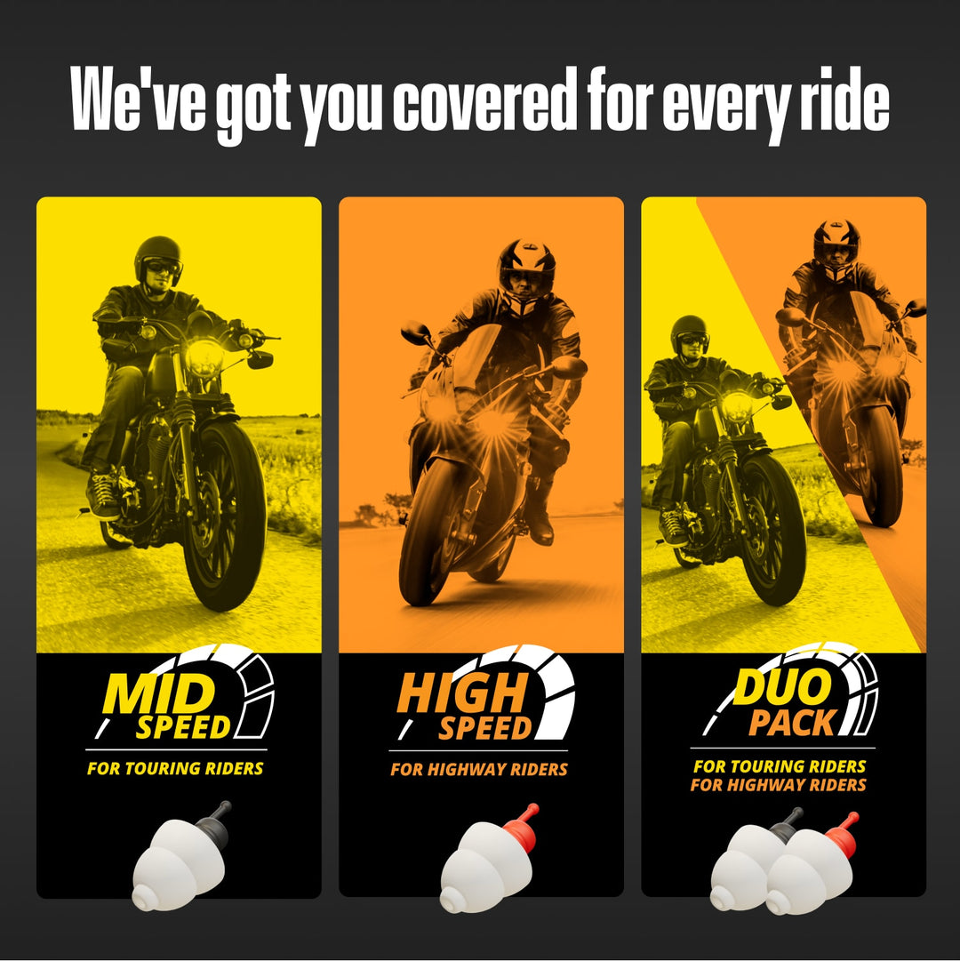 White motorcycle earplugs with black and red filters shown for mid speed, high speed and duo pack rides