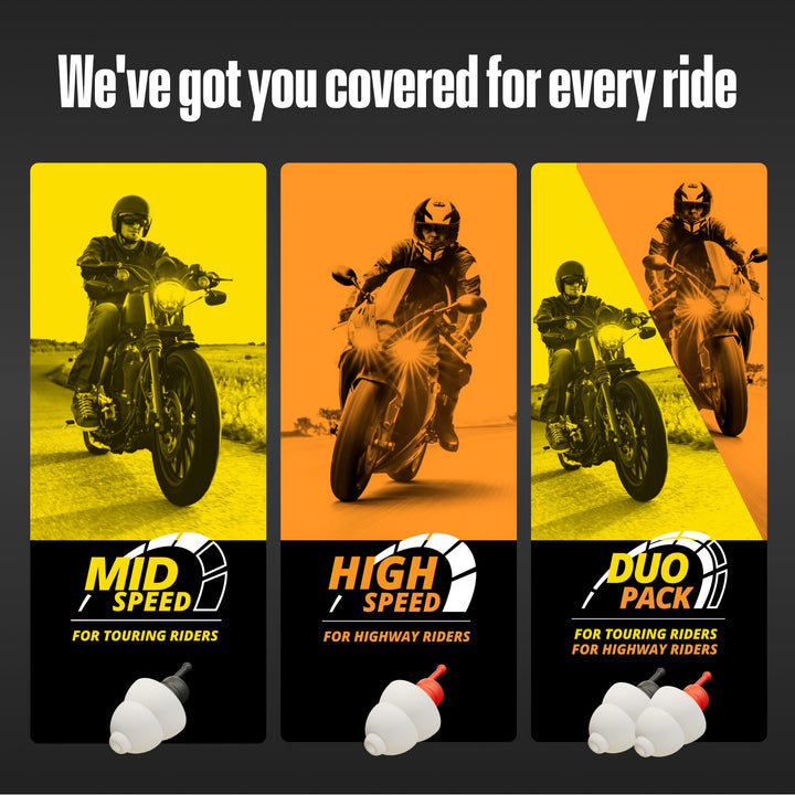 White motorcycle earplugs with black and red filters shown for mid speed, high speed and duo pack rides