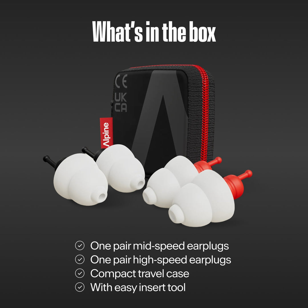 Alpine motorcycle earplugs with red and black filters, travel case and insert tool