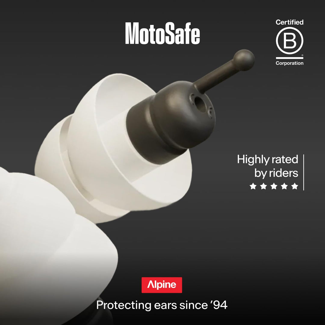 Alpine MotoSafe white earplug with black filter, B Corp certification and rider rating shown