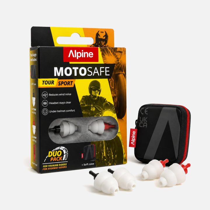 Alpine MotoSafe Duo motorcycle earplugs with packaging, soft case, and Tour/Sport pairs
