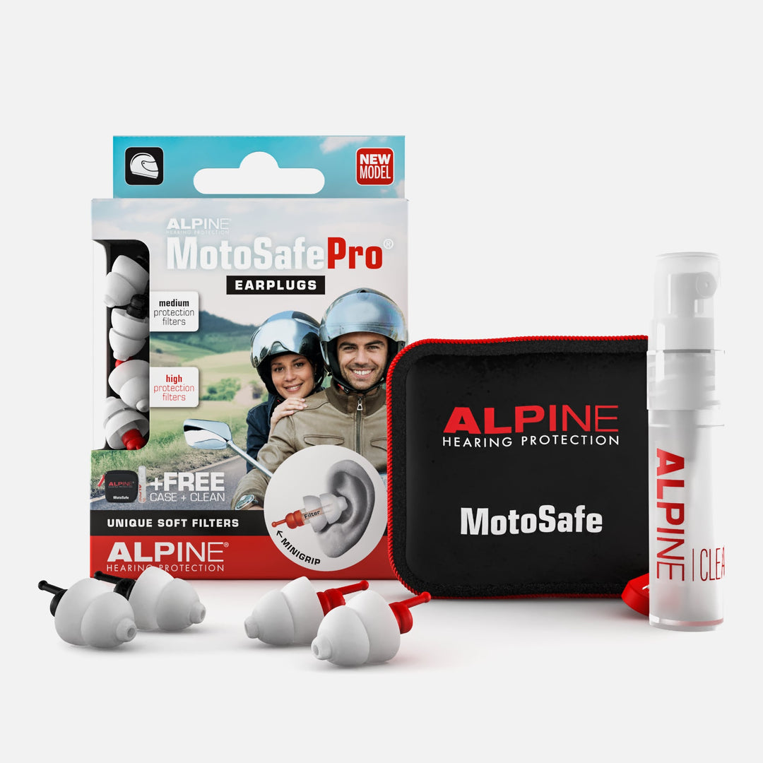 Alpine MotoSafe Pro earplugs full package with earplugs, cleaning spray, travel case, and packaging box.