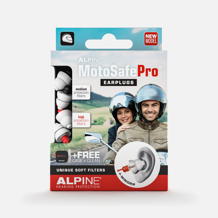 Alpine MotoSafe Pro earplugs packaging with medium and high noise protection filters, free case, and cleaning spray.