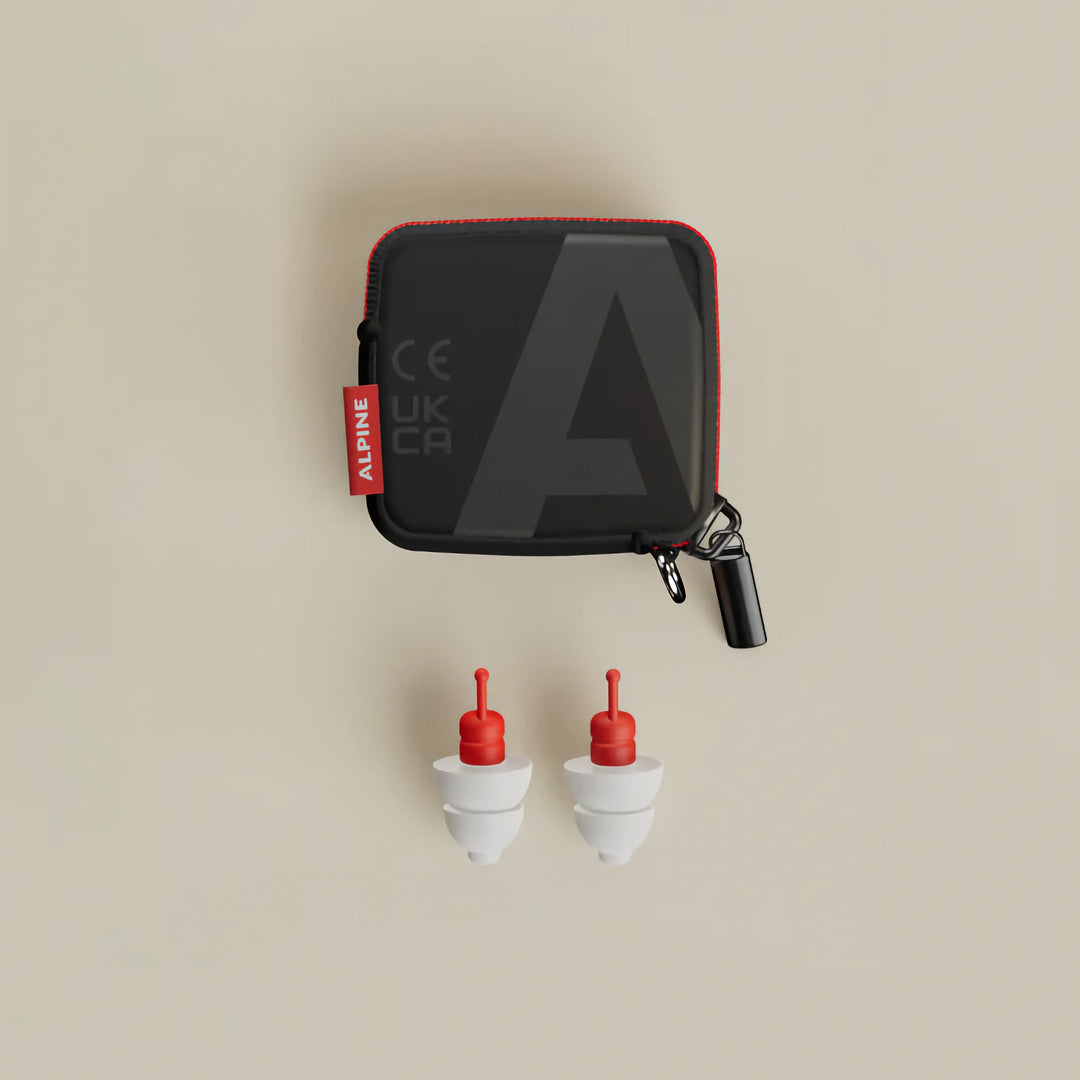 Alpine MotoSafe Race earplugs with black storage pouch and removal aid.