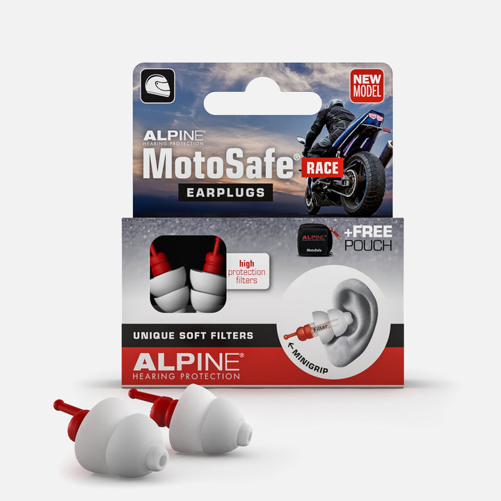 Front view of Alpine MotoSafe Race earplugs packaging showcasing high protection filters and included free pouch.