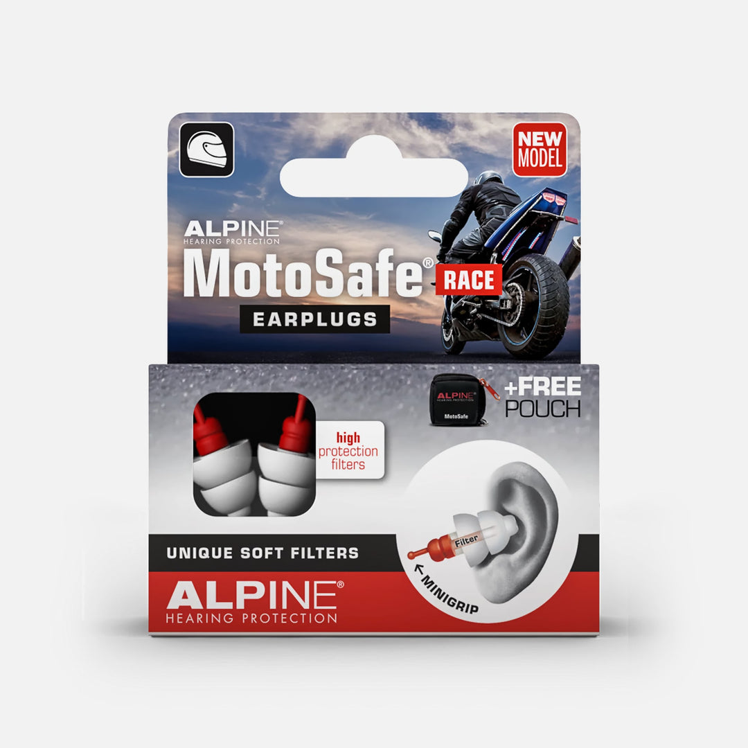 Alpine MotoSafe Race earplugs packaging featuring high protection filters and a free pouch for motorcycle riders.