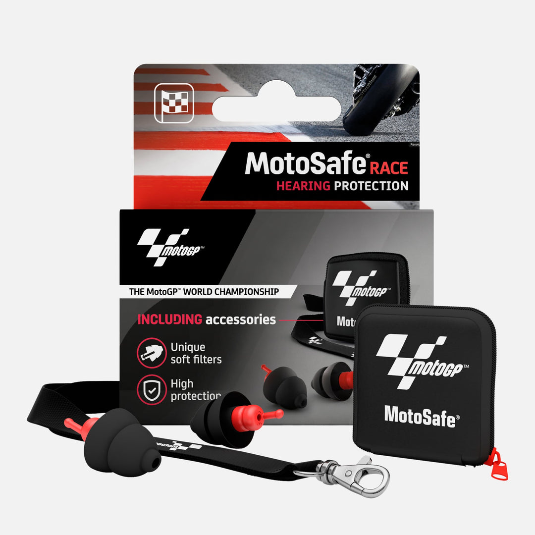 Alpine MotoSafe Race MotoGP Edition earplugs with soft filters, high protection, lanyard, and branded storage case.