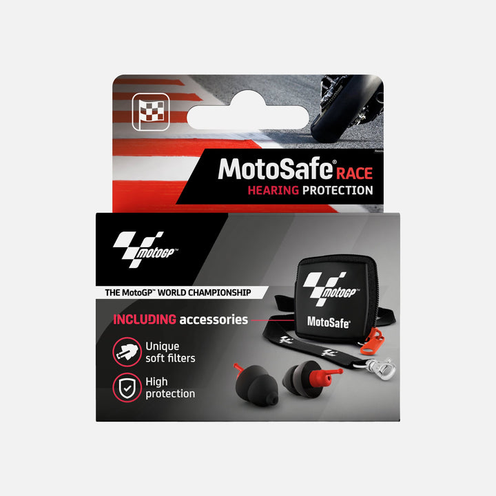 Packaging of Alpine MotoSafe Race MotoGP Edition earplugs, highlighting soft filters, high protection, and included accessories.