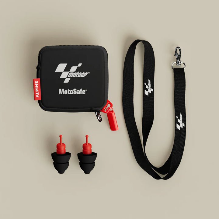 Alpine MotoSafe Race MotoGP black and red earplugs with storage pouch and lanyard accessories