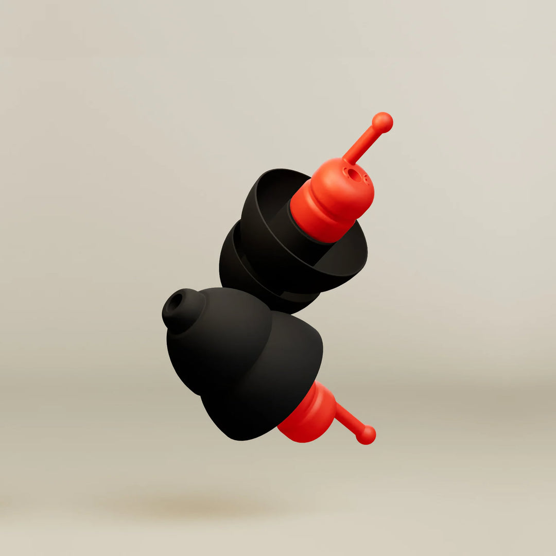 Alpine MotoSafe Race MotoGP black and red motorcycle earplugs close-up