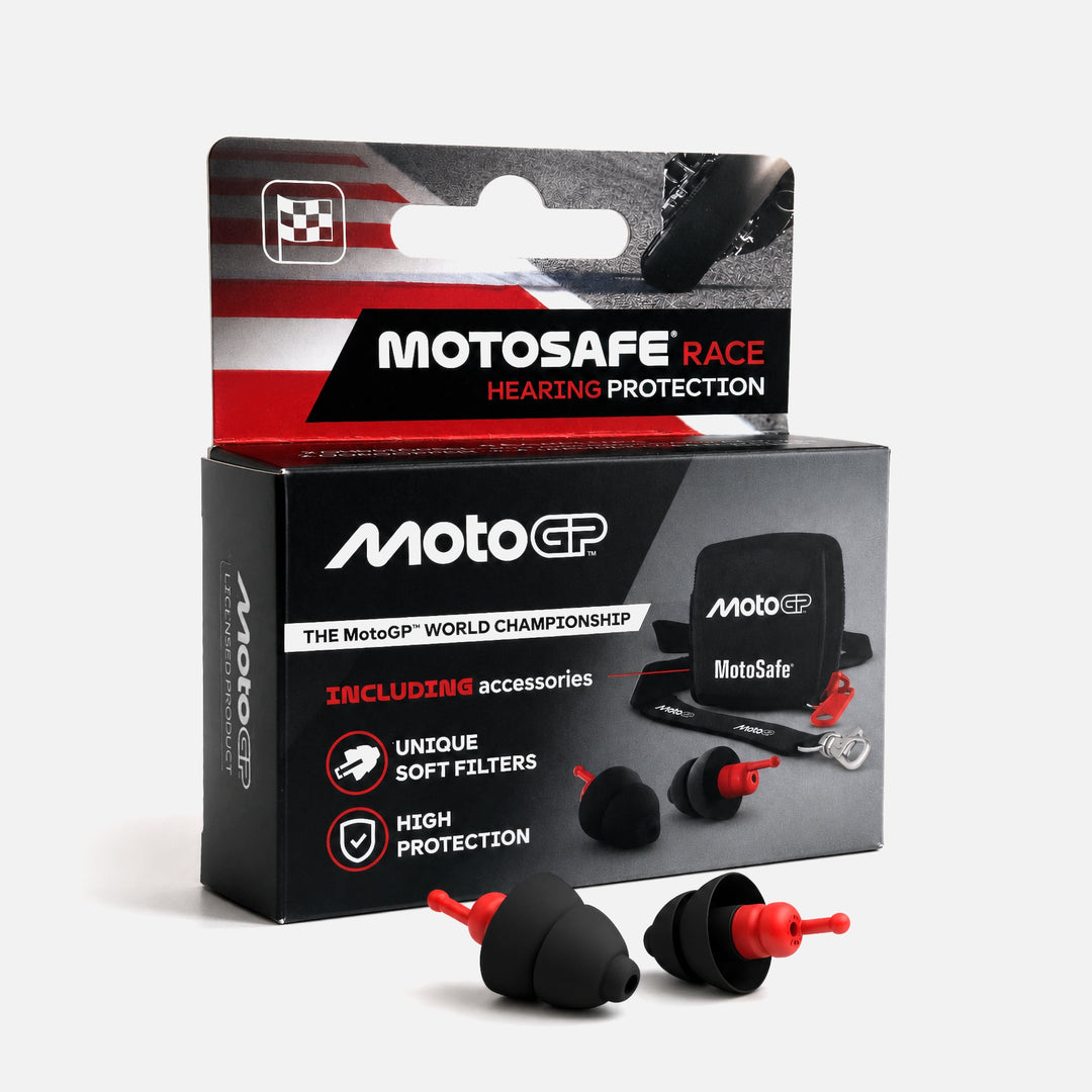 Alpine MotoSafe Race MotoGP black and red earplugs shown with retail packaging