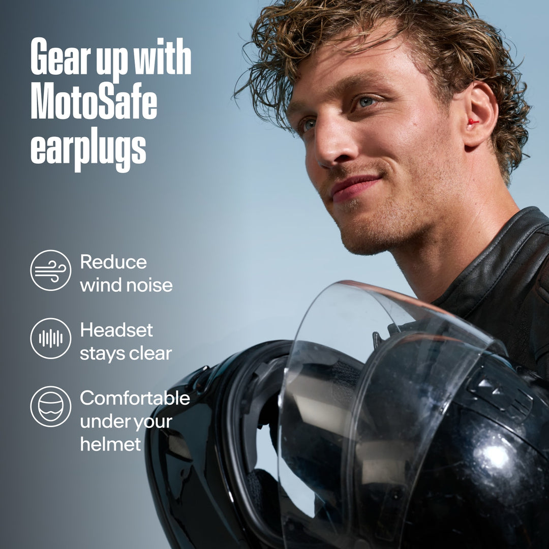 Alpine MotoSafe Sport red motorcycle earplug worn by rider with helmet and comfort callouts