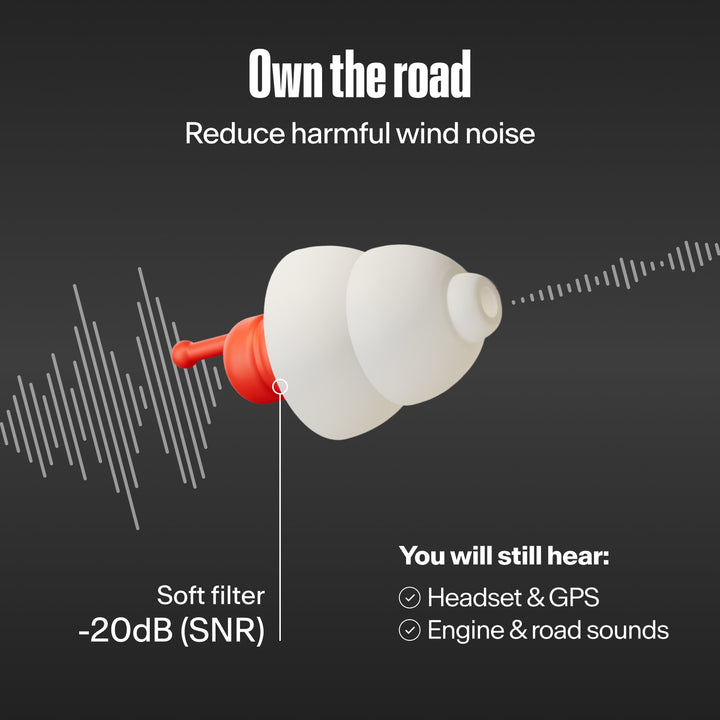 Alpine MotoSafe Sport red and white motorcycle earplug infographic showing 20dB SNR wind noise reduction