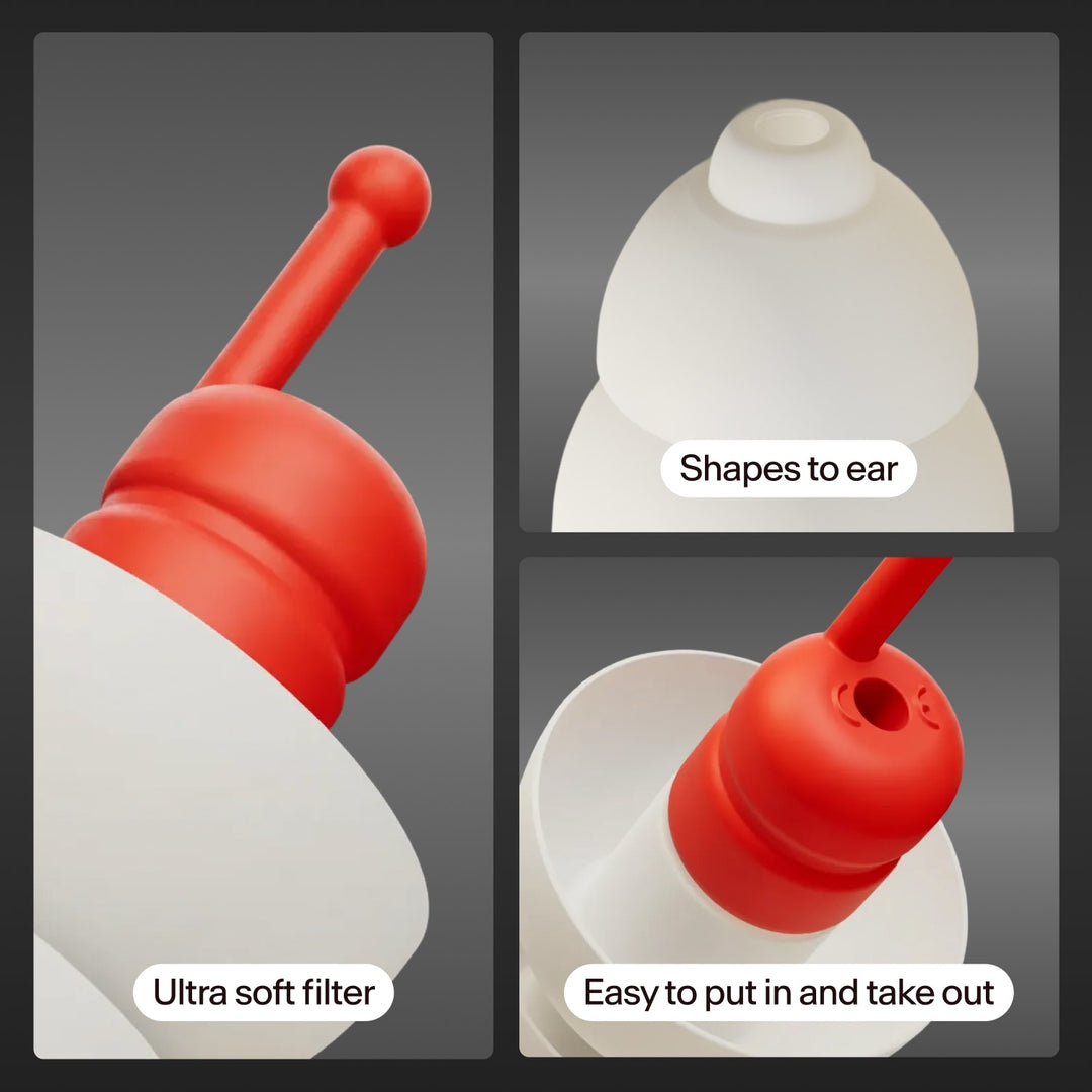 Alpine MotoSafe Sport red and white motorcycle earplugs close-up showing soft filter and easy removal
