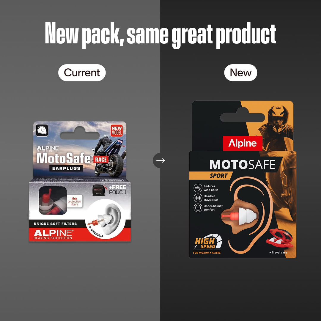 Alpine MotoSafe Sport motorcycle earplugs packaging comparison showing current and new pack