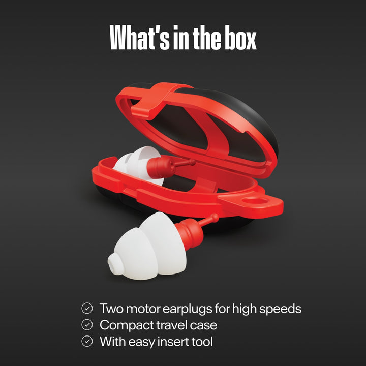 Alpine MotoSafe Sport motorcycle earplugs box contents with red travel case and insert tool