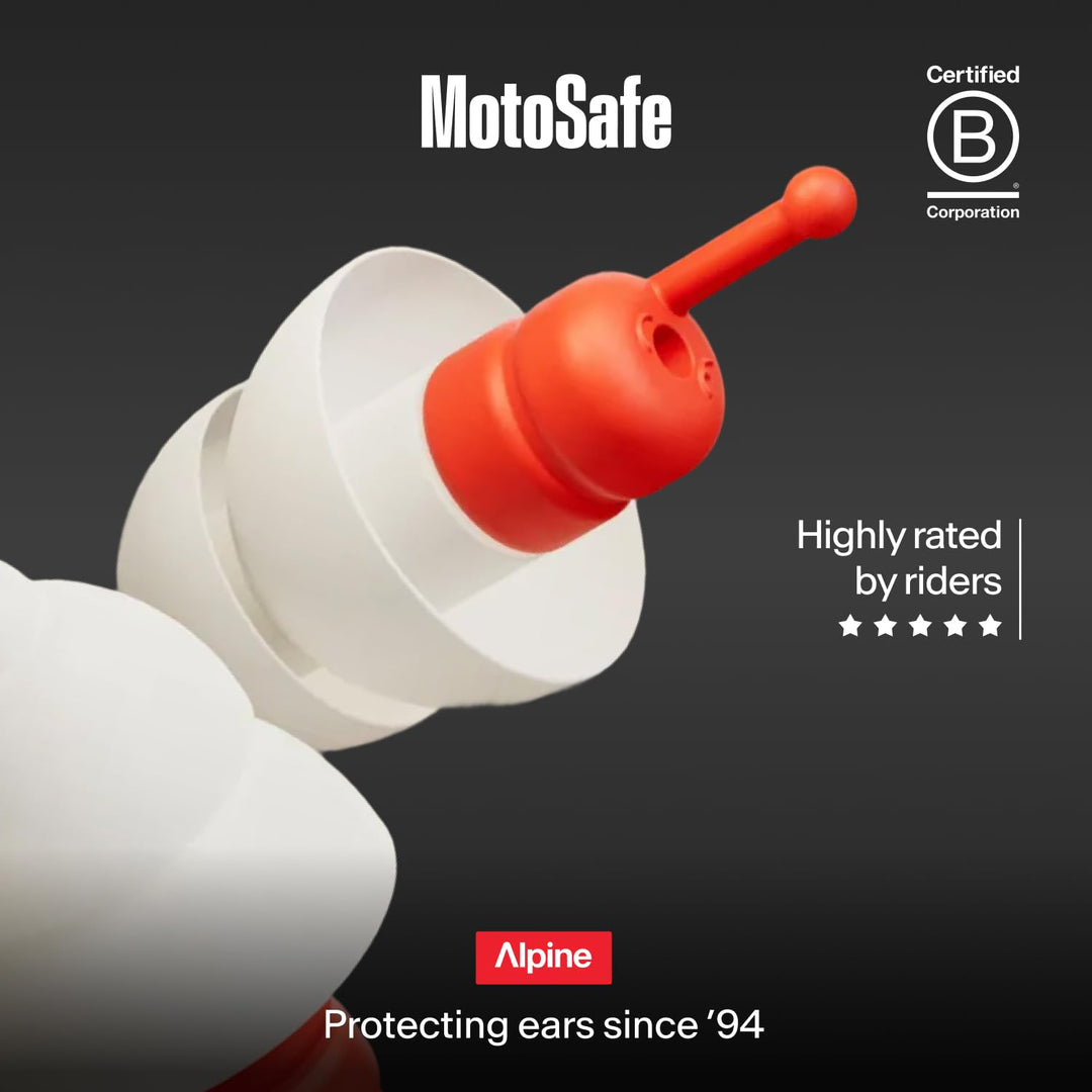Alpine MotoSafe red and white motorcycle earplugs close-up with B Corp badge and rider rating