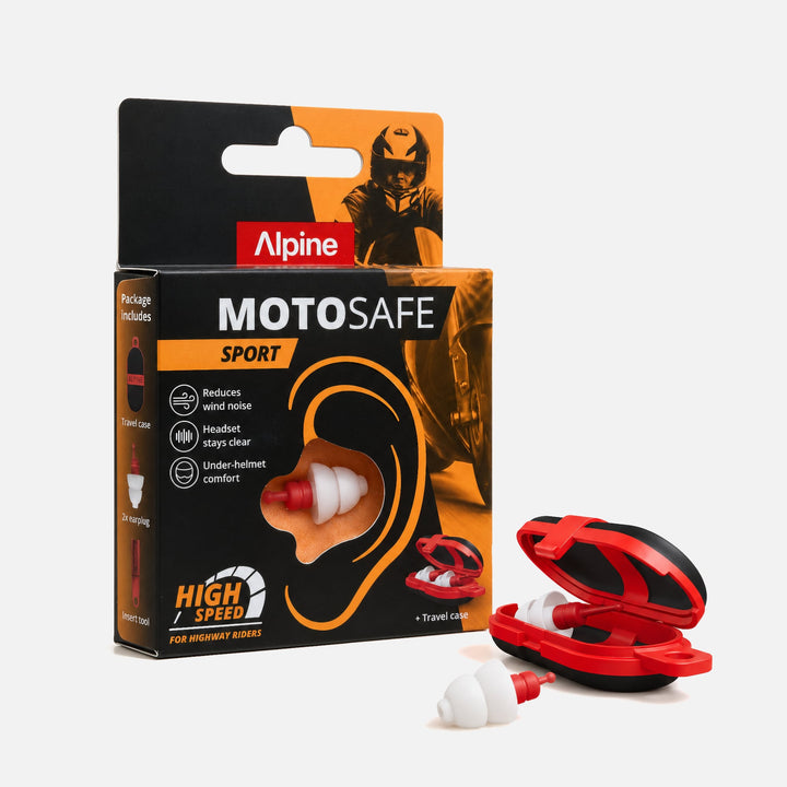 Alpine MotoSafe Sport motorcycle earplugs with packaging, red travel case and white-red earplugs