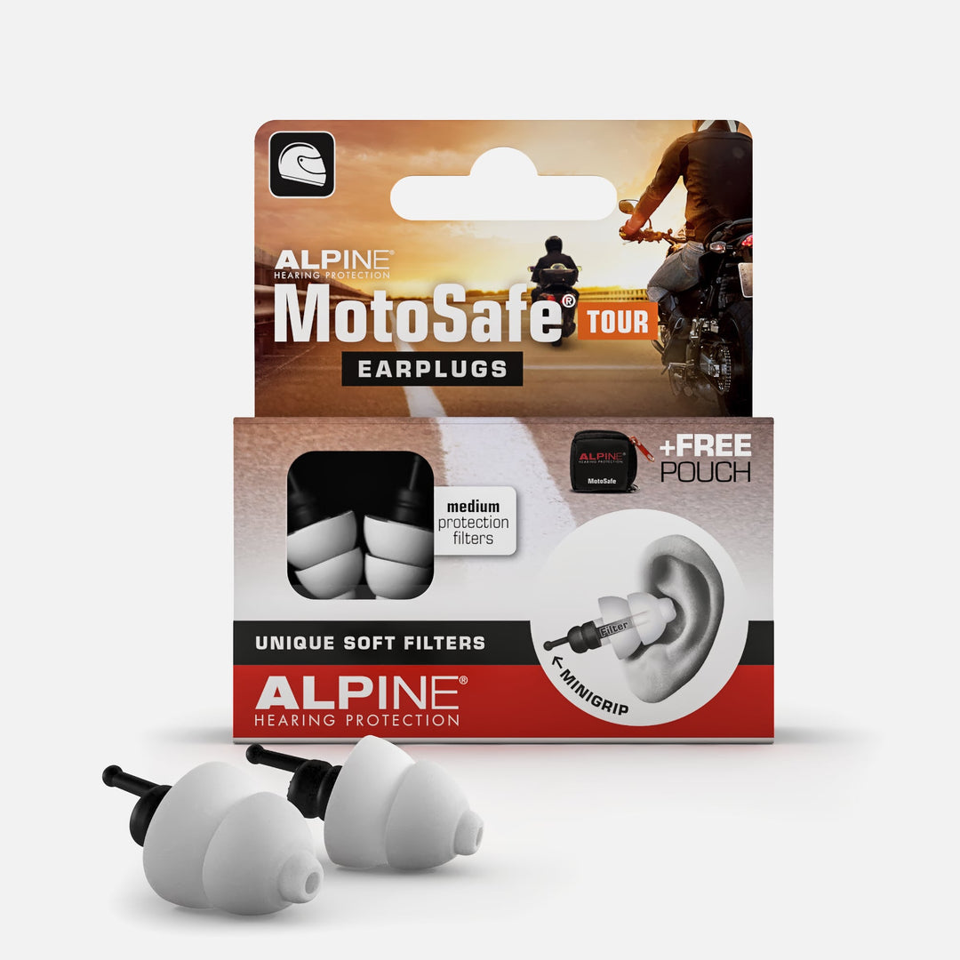 Alpine MotoSafe Tour earplugs with packaging, featuring medium protection filters and a free pouch.