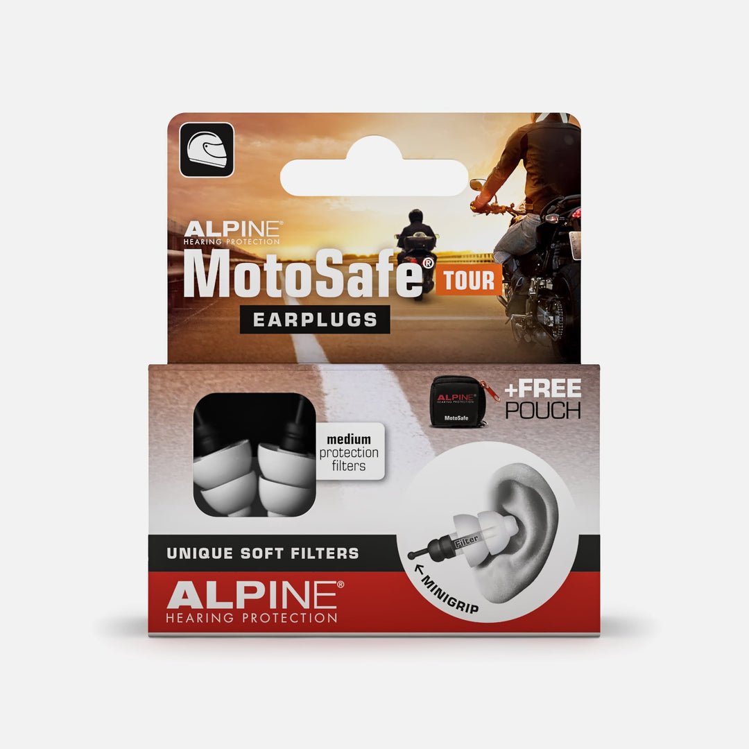 Alpine MotoSafe Tour Earplugs packaging with medium protection filters and free storage pouch for motorcycle riders.