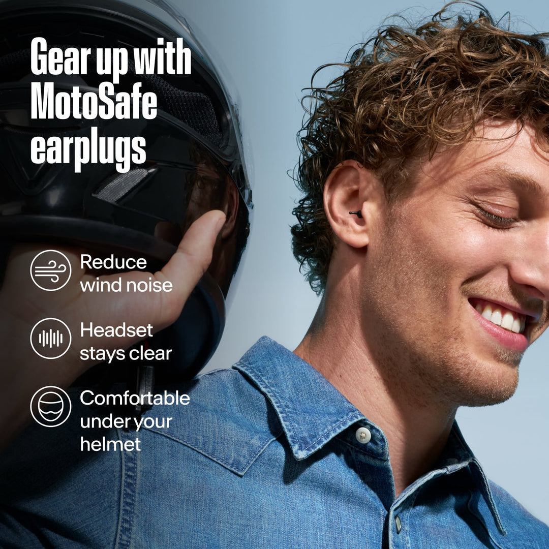 MotoSafe earplug worn by rider with helmet, showing wind noise, clear headset and comfort features