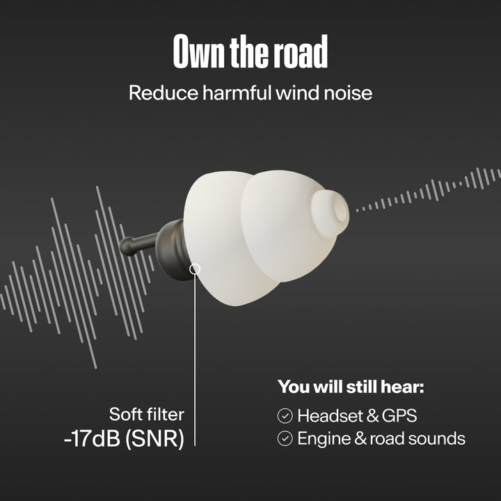 Alpine MotoSafe Tour earplug with 17 dB SNR soft filter, showing headset, GPS and road sounds remain audible