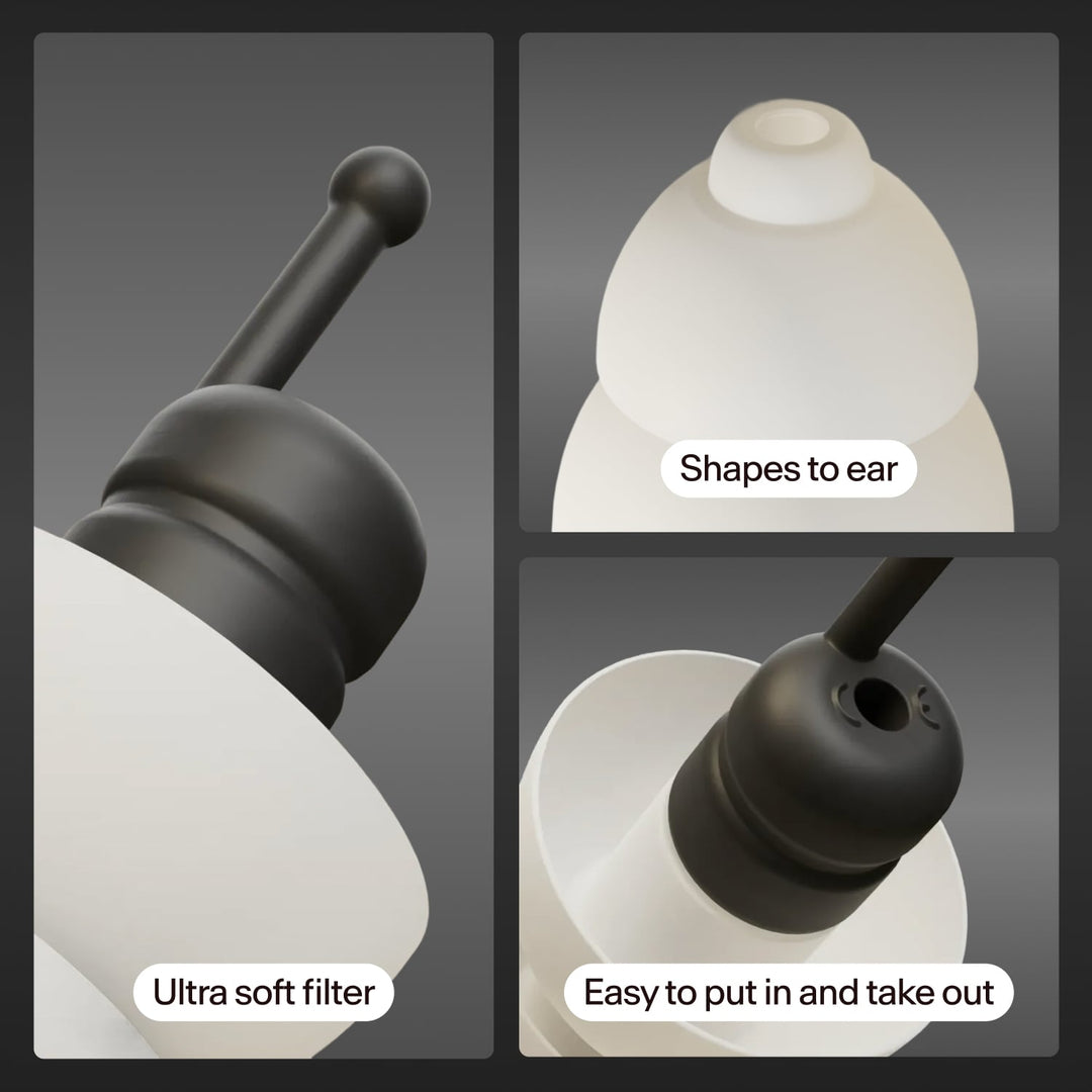Alpine MotoSafe Tour earplugs close-up showing ultra soft filter, ear-shaping fit and easy removal