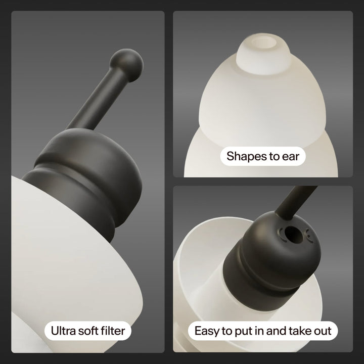 Alpine MotoSafe Tour earplugs close-up showing ultra soft filter, ear-shaping fit and easy removal