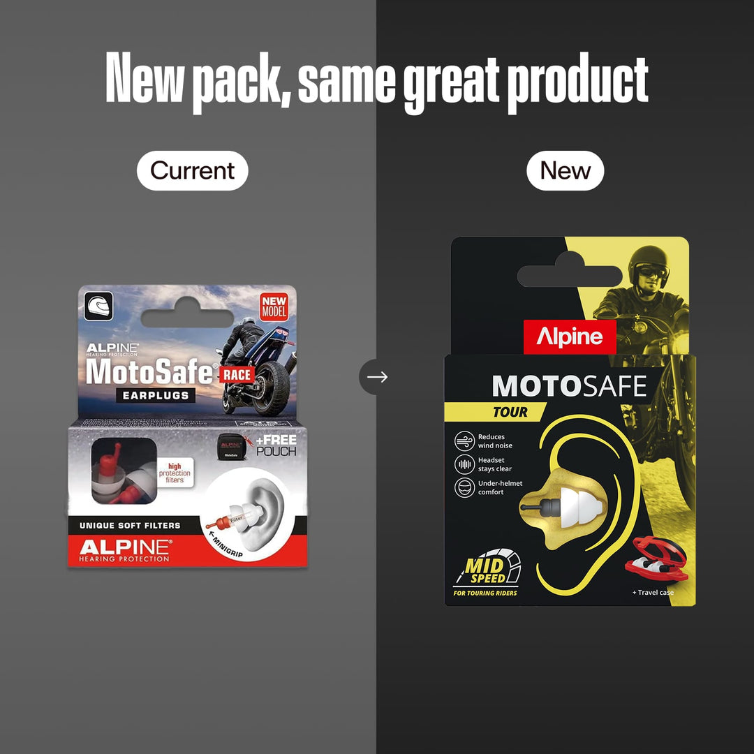 Alpine MotoSafe earplugs packaging comparison showing current pack and new MotoSafe Tour pack