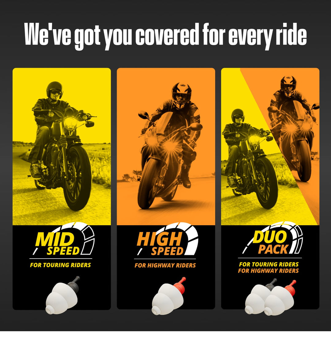 MotoSafe earplugs range chart showing Mid Speed, High Speed and Duo Pack options for motorcycle riders