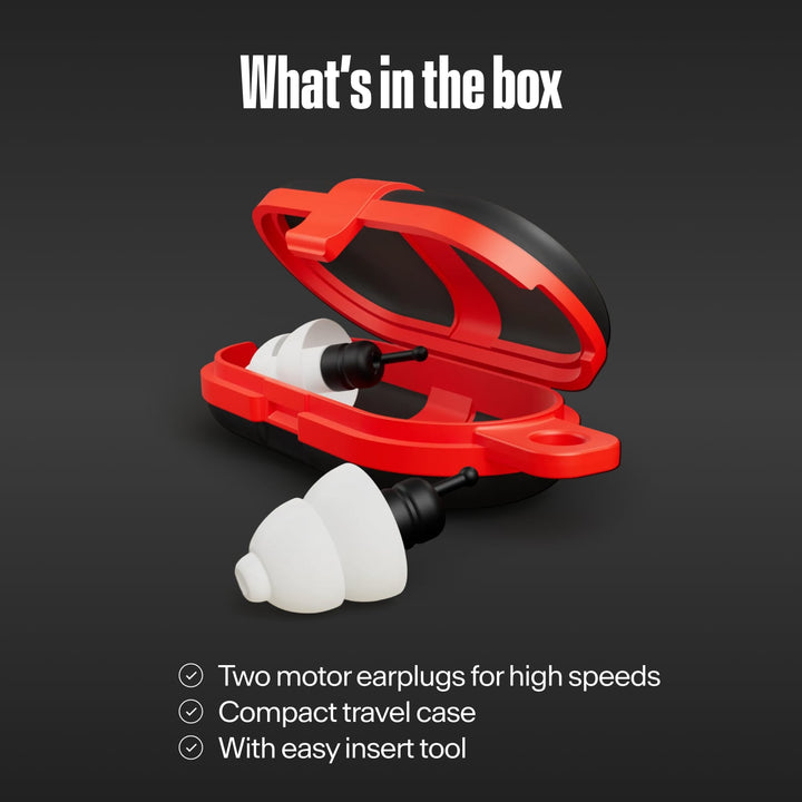 White and black MotoSafe earplugs with red travel case, showing box contents and easy insert tool